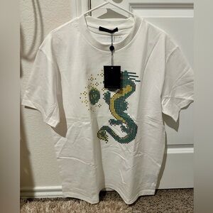 Louis Vuitton White T-Shirt with Green and Yellow Dragon Design